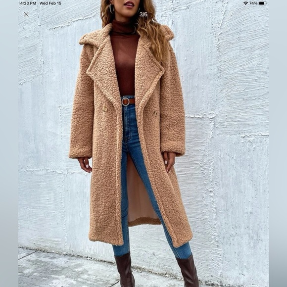SHEIN NEW Lapel Neck Double Button Teddy Coat size L Camel Colour - Picture 4 of 4